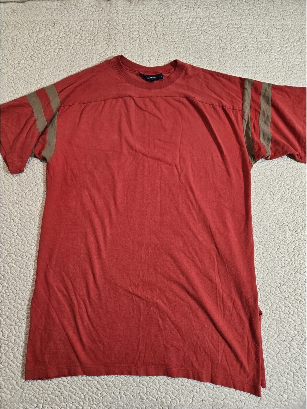 Ralph Lauren Mens Lg Tshirt Red With Tan Stripes On Sleeve